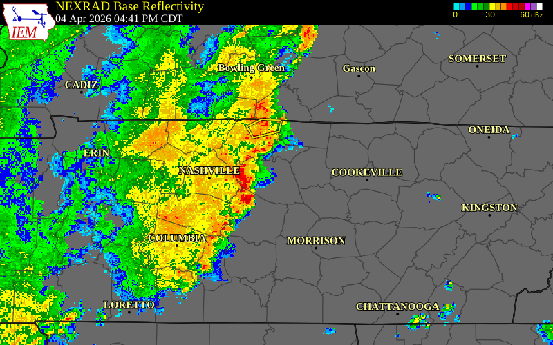 NEXRAD radar during the Saturday, April 4, 2026 storm activity in Wilson County, Tennessee