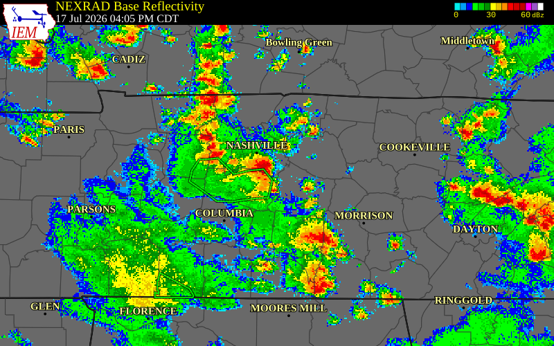 NEXRAD radar during the Friday, July 17, 2026 storm activity in Wilson County, Tennessee