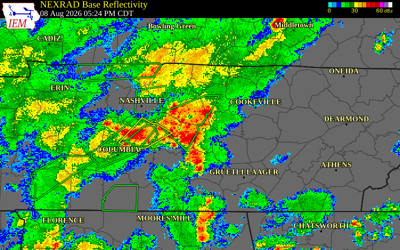 NEXRAD radar during the Saturday, August 8, 2026 storm activity in Wilson County, Tennessee