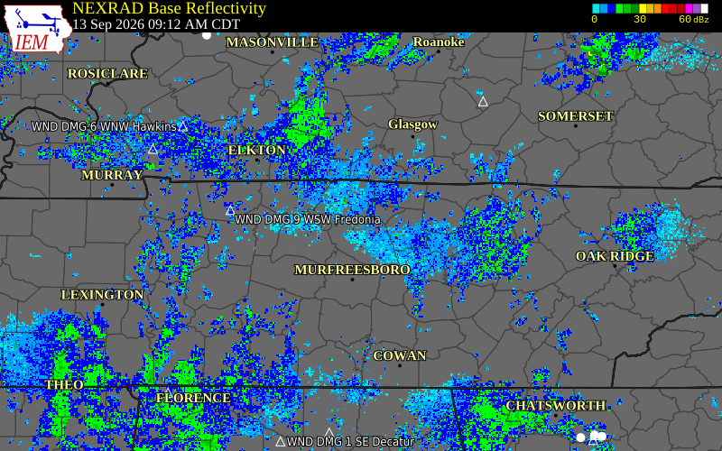 Current NEXRAD radar over Wilson County, Tennessee with recent storm report locations