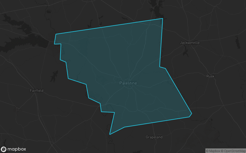 Map of Anderson County, Texas showing the county boundary and surrounding cities