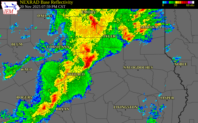 NEXRAD radar during the Thursday, November 20, 2025 storm activity in Anderson County, Texas