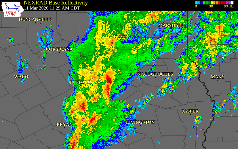 NEXRAD radar during the Wednesday, March 11, 2026 storm activity in Anderson County, Texas