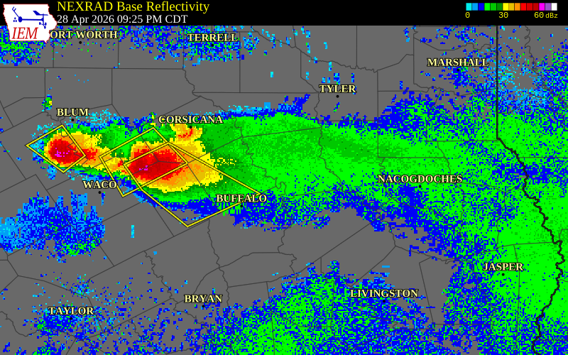 NEXRAD radar during the Tuesday, April 28, 2026 storm activity in Anderson County, Texas