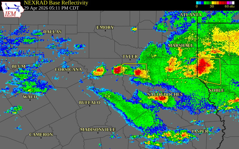 NEXRAD radar during the Wednesday, April 29, 2026 storm activity in Anderson County, Texas