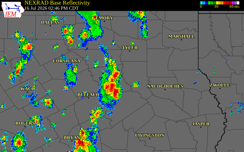 NEXRAD radar during the Thursday, July 16, 2026 storm activity in Anderson County, Texas