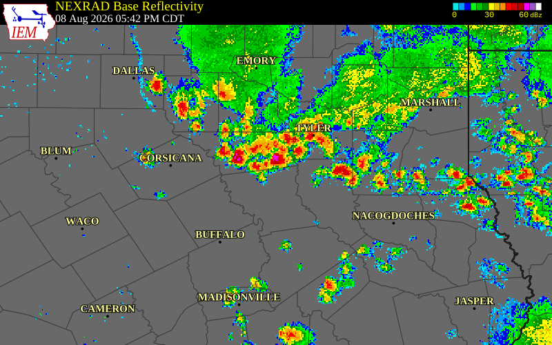 NEXRAD radar during the Saturday, August 8, 2026 storm activity in Anderson County, Texas