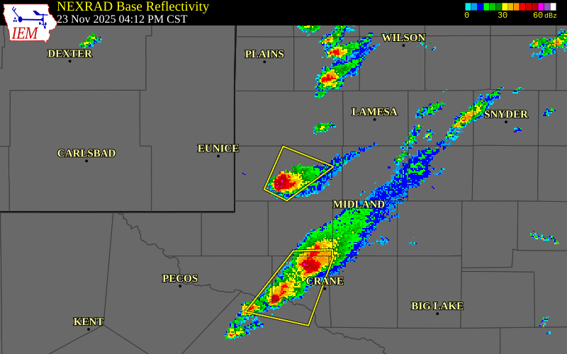 NEXRAD radar during the Sunday, November 23, 2025 storm activity in Andrews County, Texas
