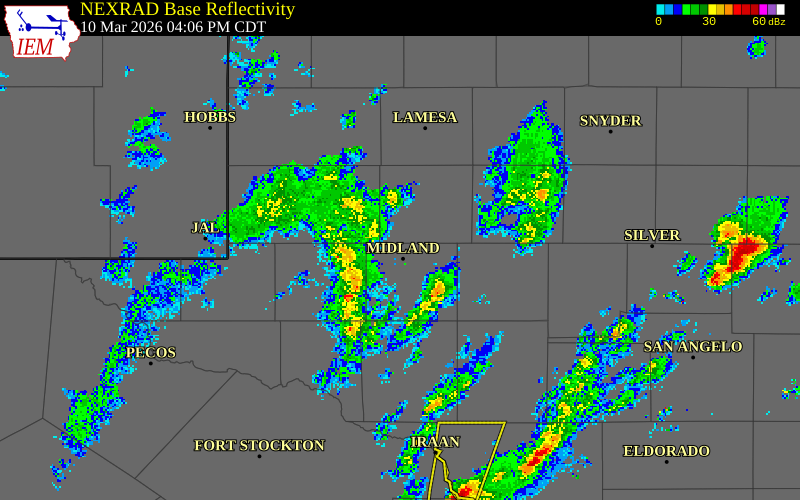 NEXRAD radar during the Tuesday, March 10, 2026 storm activity in Andrews County, Texas