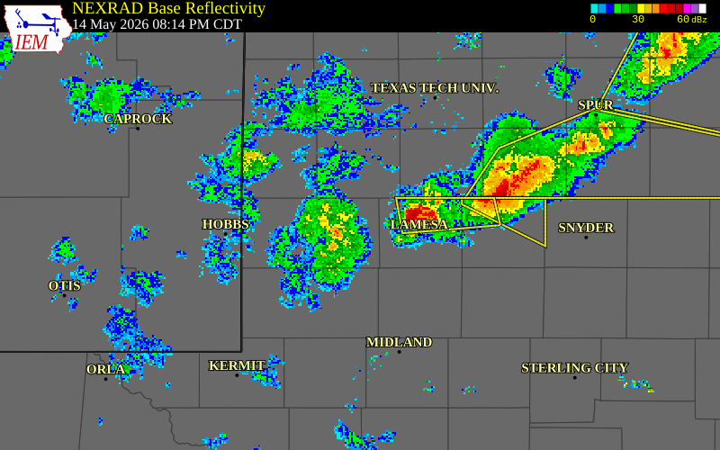 NEXRAD radar during the Thursday, May 14, 2026 storm activity in Andrews County, Texas