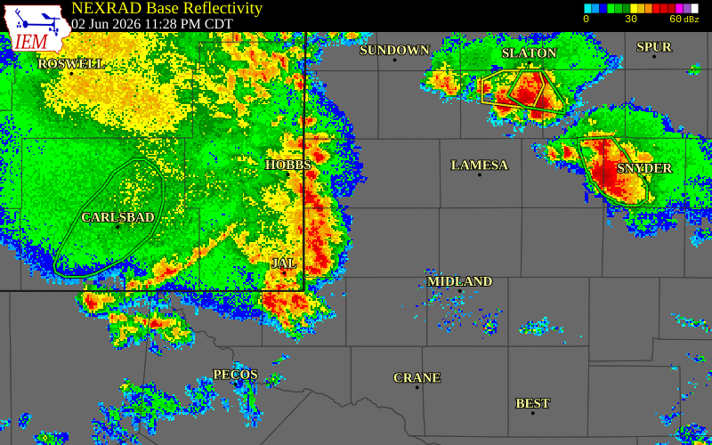 NEXRAD radar during the Tuesday, June 2, 2026 storm activity in Andrews County, Texas