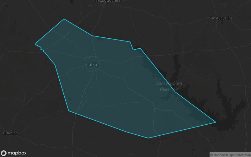 Map of Angelina County, Texas showing the county boundary and surrounding cities