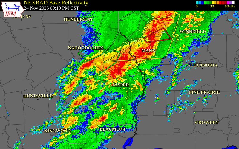 NEXRAD radar during the Monday, November 24, 2025 storm activity in Angelina County, Texas