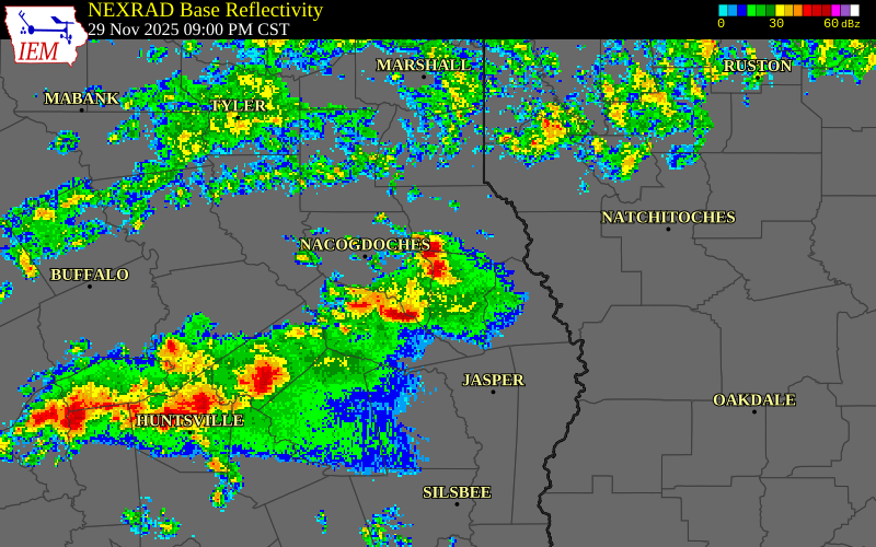 NEXRAD radar during the Saturday, November 29, 2025 storm activity in Angelina County, Texas