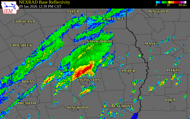 NEXRAD radar during the Friday, January 9, 2026 storm activity in Angelina County, Texas