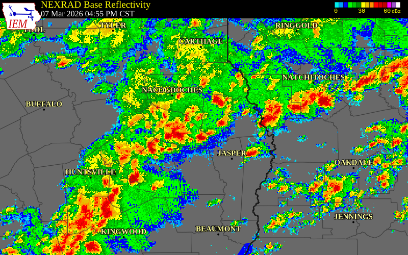 NEXRAD radar during the Saturday, March 7, 2026 storm activity in Angelina County, Texas