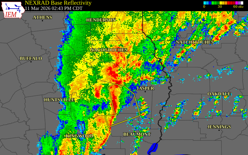 NEXRAD radar during the Wednesday, March 11, 2026 storm activity in Angelina County, Texas
