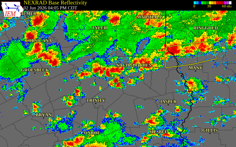 NEXRAD radar during the Tuesday, June 2, 2026 storm activity in Angelina County, Texas