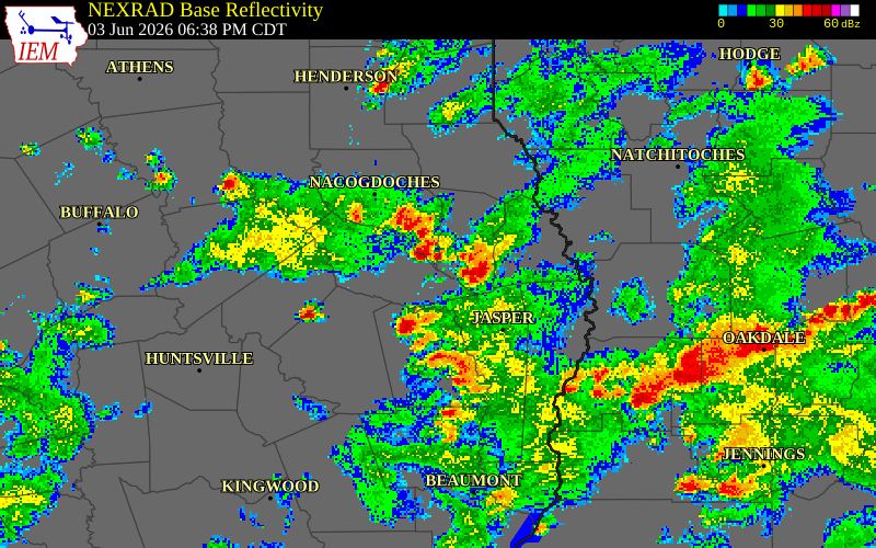 NEXRAD radar during the Wednesday, June 3, 2026 storm activity in Angelina County, Texas