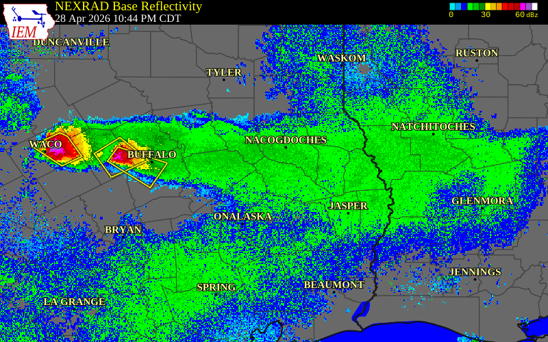 Radar snapshot during the Apr 28, 2026 hail event near 3 NNE Hudson, Angelina County, Texas, with NWS warning polygons