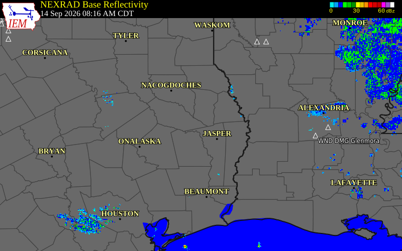 Current NEXRAD radar over Angelina County, Texas with recent storm report locations