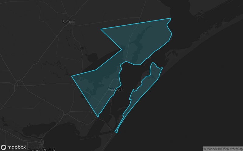 Map of Aransas County, Texas showing the county boundary and surrounding cities