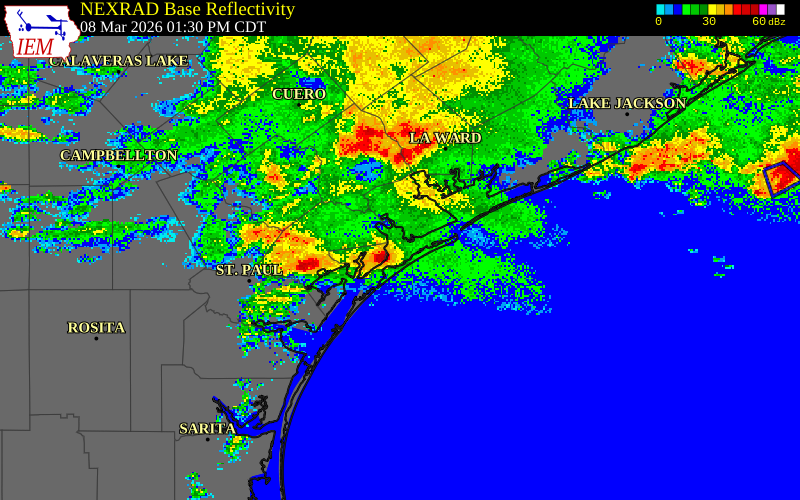 NEXRAD radar during the Sunday, March 8, 2026 storm activity in Aransas County, Texas