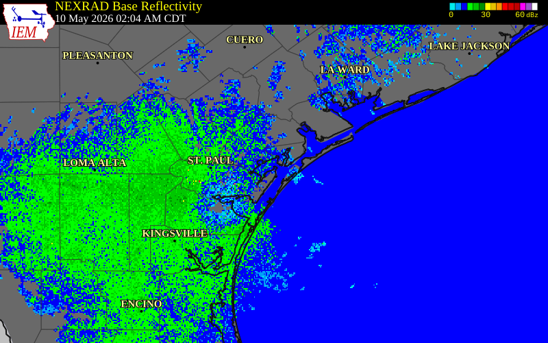 NEXRAD radar during the Sunday, May 10, 2026 storm activity in Aransas County, Texas