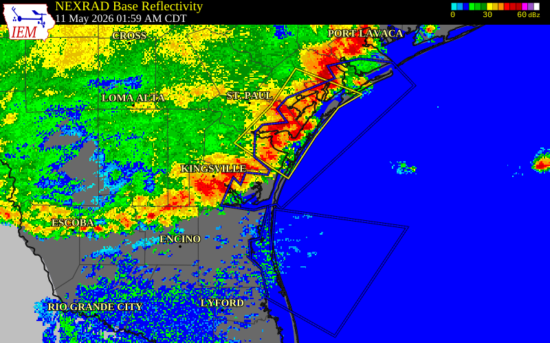 NEXRAD radar during the Monday, May 11, 2026 storm activity in Aransas County, Texas