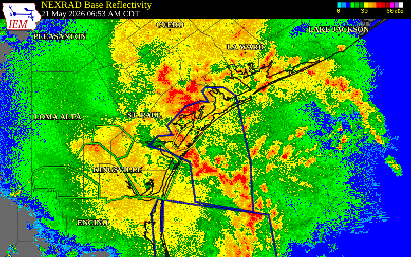 NEXRAD radar during the Thursday, May 21, 2026 storm activity in Aransas County, Texas
