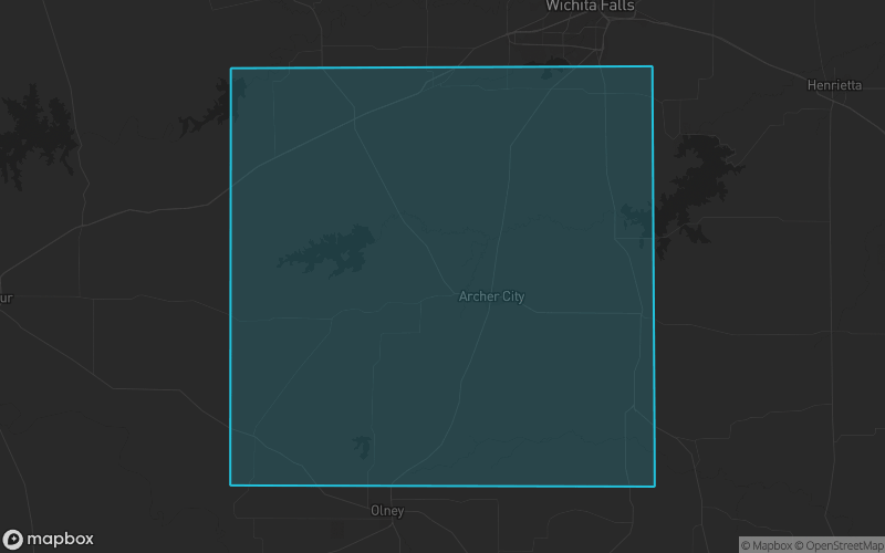 Map of Archer County, Texas showing the county boundary and surrounding cities
