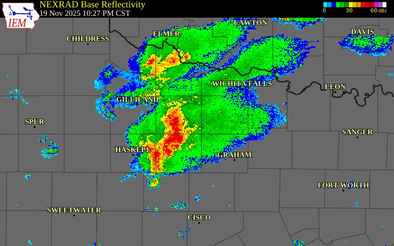 NEXRAD radar during the Wednesday, November 19, 2025 storm activity in Archer County, Texas
