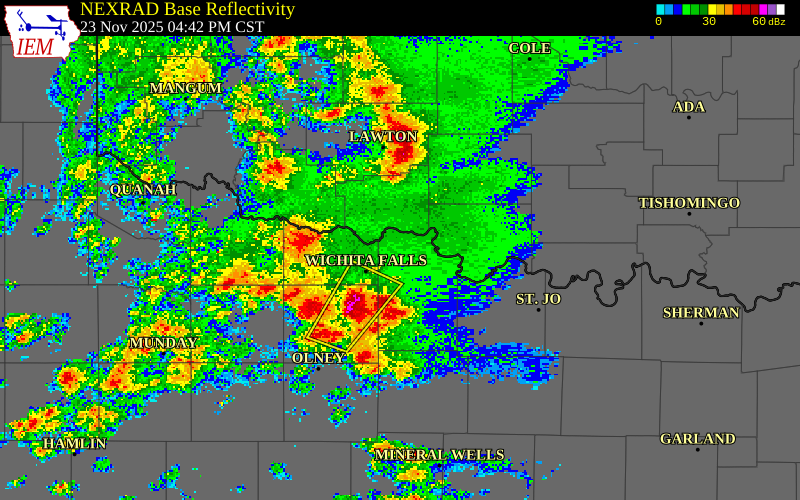 NEXRAD radar during the Sunday, November 23, 2025 storm activity in Archer County, Texas