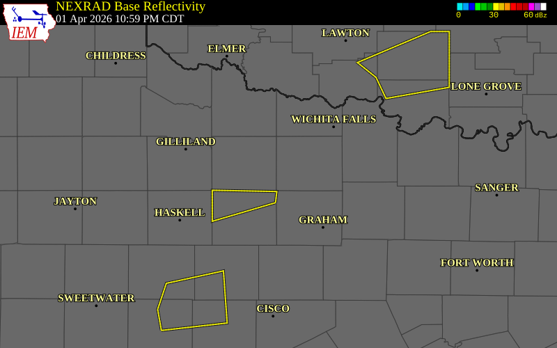 NEXRAD radar during the Wednesday, April 1, 2026 storm activity in Archer County, Texas