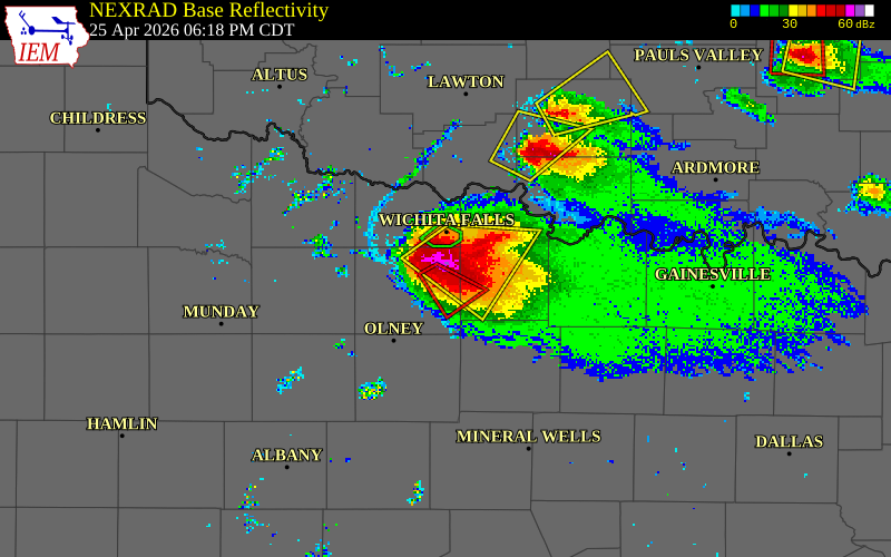 NEXRAD radar during the Saturday, April 25, 2026 storm activity in Archer County, Texas