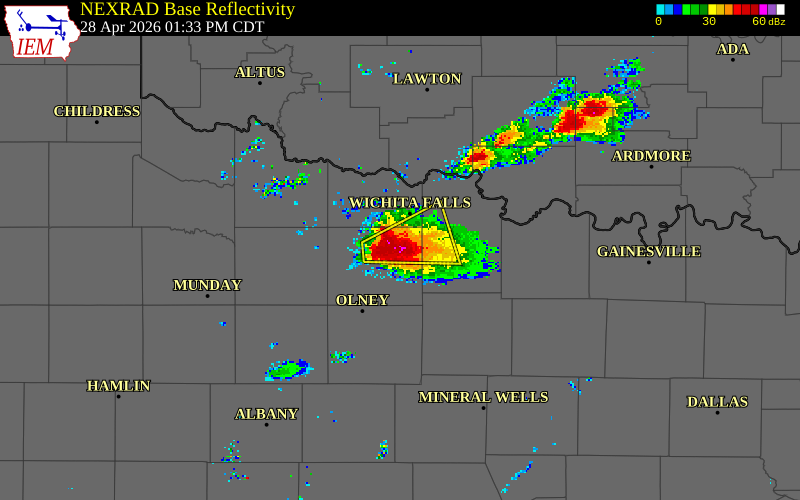 NEXRAD radar during the Tuesday, April 28, 2026 storm activity in Archer County, Texas