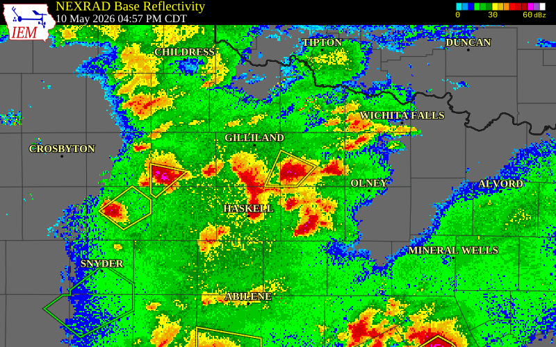 NEXRAD radar during the Sunday, May 10, 2026 storm activity in Archer County, Texas