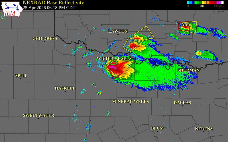 Radar snapshot during the Apr 25, 2026 tornado event near 2 NW Scotland, Archer County, Texas, with NWS warning polygons