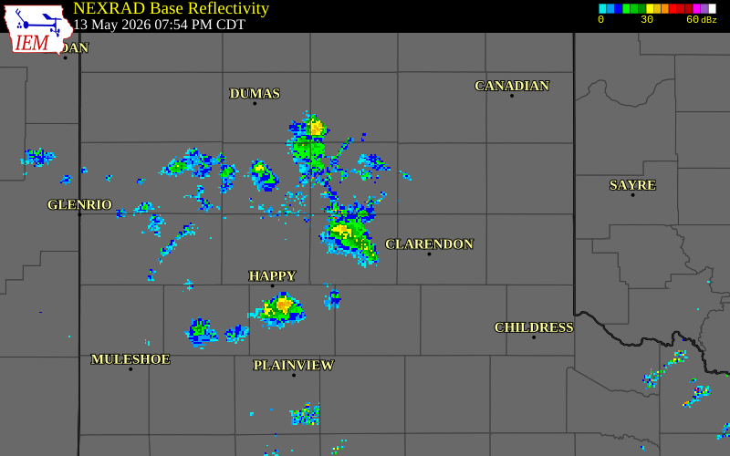 NEXRAD radar during the Wednesday, May 13, 2026 storm activity in Armstrong County, Texas