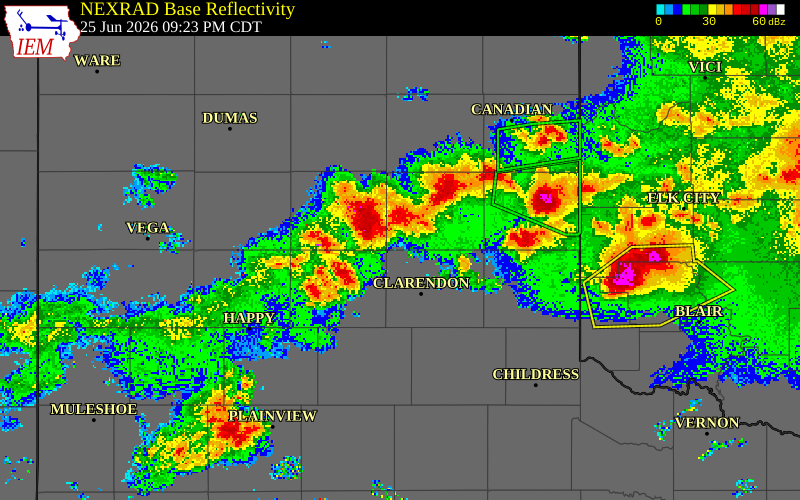 NEXRAD radar during the Thursday, June 25, 2026 storm activity in Armstrong County, Texas