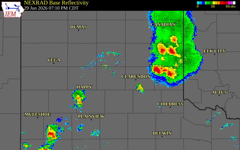 NEXRAD radar during the Monday, June 29, 2026 storm activity in Armstrong County, Texas