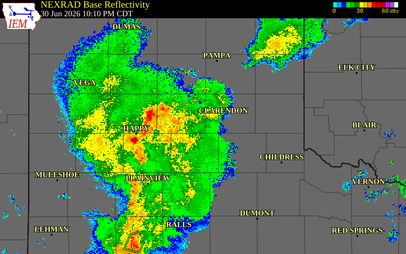 NEXRAD radar during the Tuesday, June 30, 2026 storm activity in Armstrong County, Texas