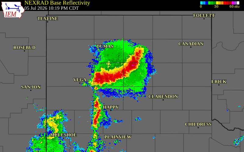 NEXRAD radar during the Sunday, July 5, 2026 storm activity in Armstrong County, Texas