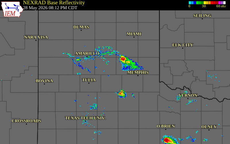 Radar snapshot during the May 28, 2026 wind event near 15 WSW Clarendon, Armstrong County, Texas, with NWS warning polygons