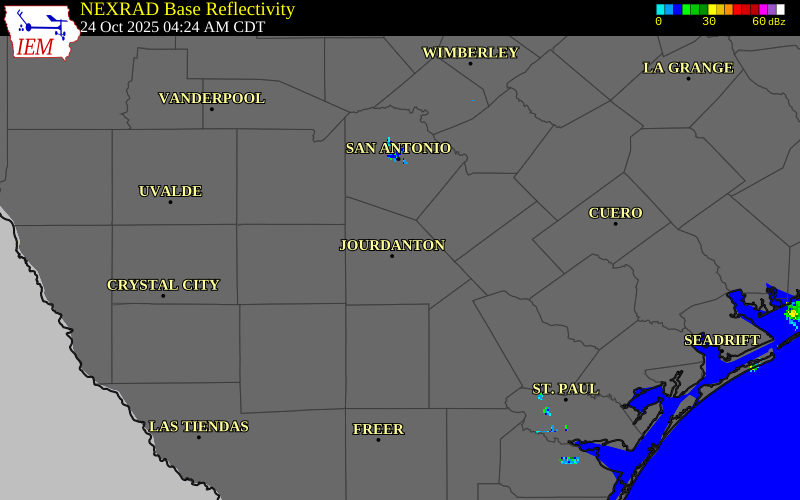 NEXRAD radar during the Friday, October 24, 2025 storm activity in Atascosa County, Texas