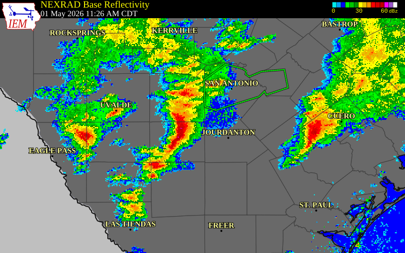 NEXRAD radar during the Friday, May 1, 2026 storm activity in Atascosa County, Texas
