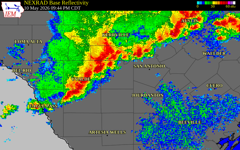 NEXRAD radar during the Sunday, May 10, 2026 storm activity in Atascosa County, Texas