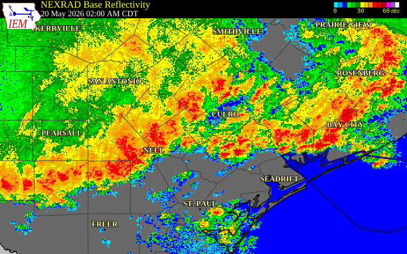NEXRAD radar during the Wednesday, May 20, 2026 storm activity in Atascosa County, Texas