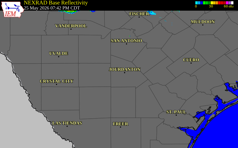 NEXRAD radar during the Monday, May 25, 2026 storm activity in Atascosa County, Texas