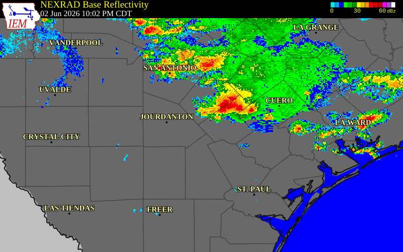 NEXRAD radar during the Tuesday, June 2, 2026 storm activity in Atascosa County, Texas